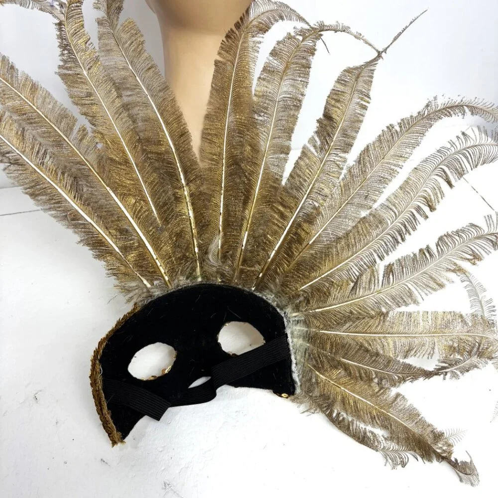 Showgirl Carnival Feather Gold White Mask Headdress Deluxe Vintage